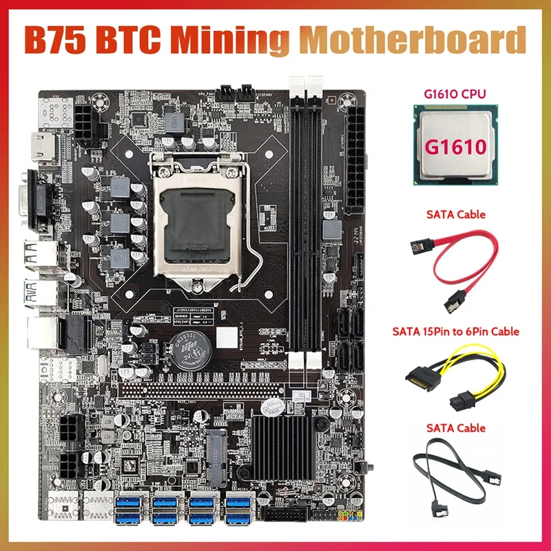 

B75 ETH Mining Motherboard 8XUSB+G1610 CPU+2XSATA Cable+SATA 15Pin To 6Pin Cable LGA1155 B75 USB Miner Motherboard
