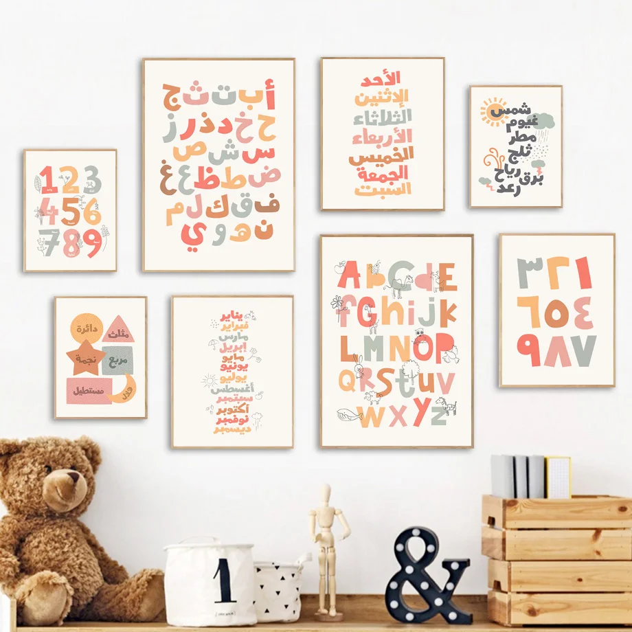 

Alphabet Shape Number Week Weather Cartoon Arabic Art Canvas Painting Nordic And Posters Prints Wall Pictures Kids Room Decor