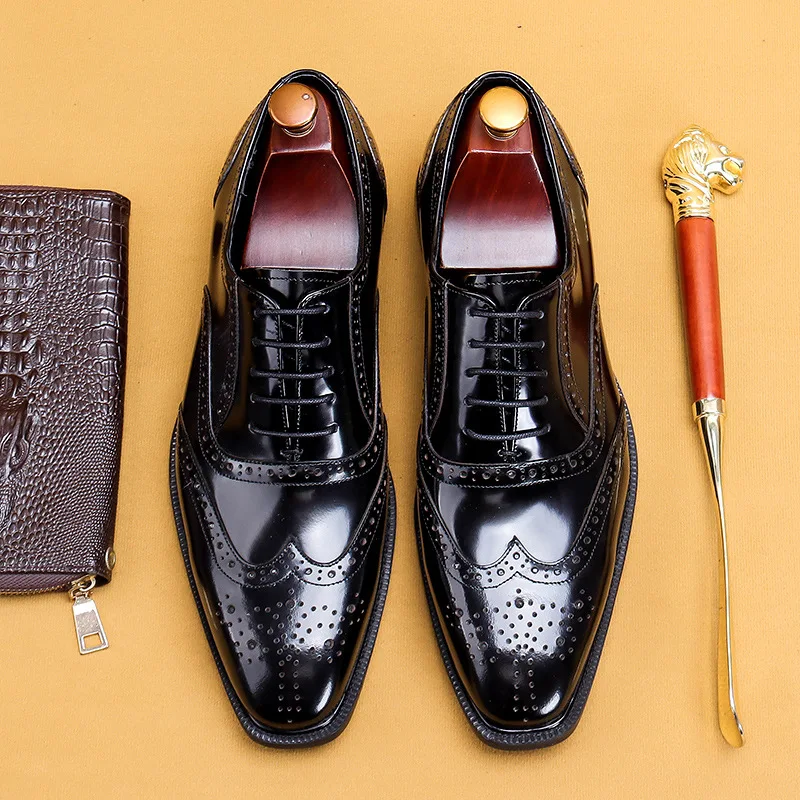 

Fashion Men Genuine Leather Shoes Brogue Men Office Dress Classic Style Black Lace Up Square Head Wedding Formal Oxford Shoe