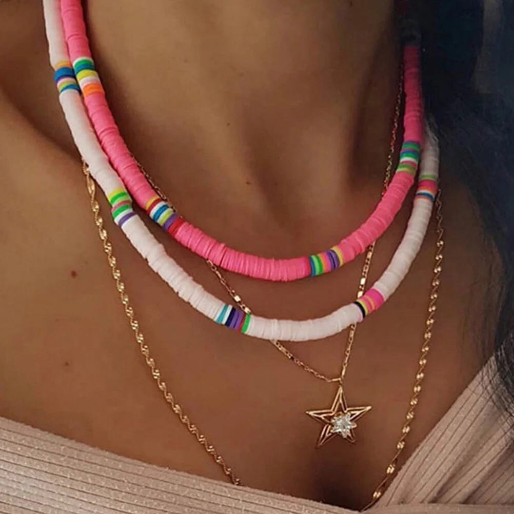 

2 Pcs Beaded Necklace Party Necklaces Teen Girls Bohemian Polymer Clay Choker Women