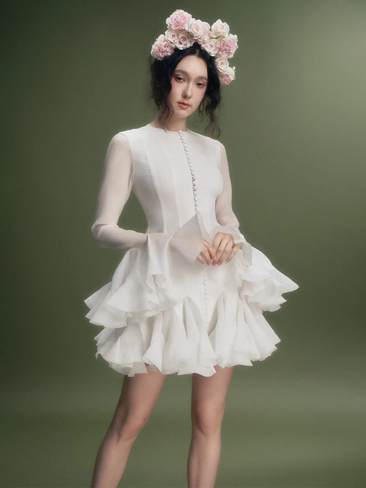 Женское вечернее платье-трапеция DEAT Элегантное однобортное платье с круглым