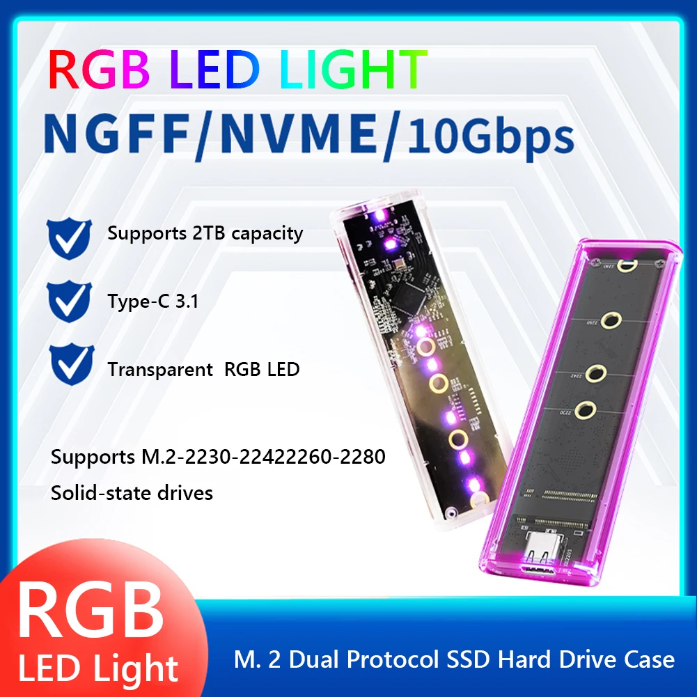 

Корпус для внешнего жесткого диска M.2 RGB, сменный корпус для жесткого диска, легкий портативный прозрачный, для ноутбука и настольного компьютера