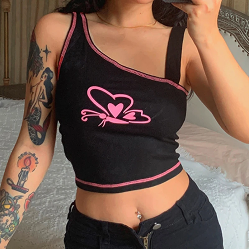 

WeiYao Off Shoulder Irregular Crop Top Goth Streetwear Contrast Stitching Butterfly Graphic Tee Femme Casual Black Sweats Tops