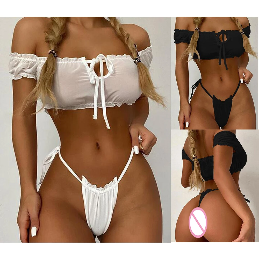 

Эротический сексуальный костюм с оборками, Женский сетчатый укороченный топ с открытыми плечами, комплект стрингов, экзотический женский п...