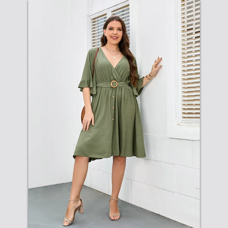 

Casual Female Summer Solid Knee Length Dress Sexy V-Neck Short Sleeve Sundress