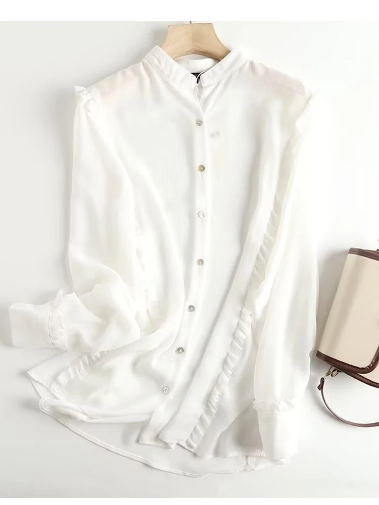 

YENKYE New Autumn Women Sweet Ruffle Oversize White Blouse Long Sleeve Office Lady Shirt Loose Blusas