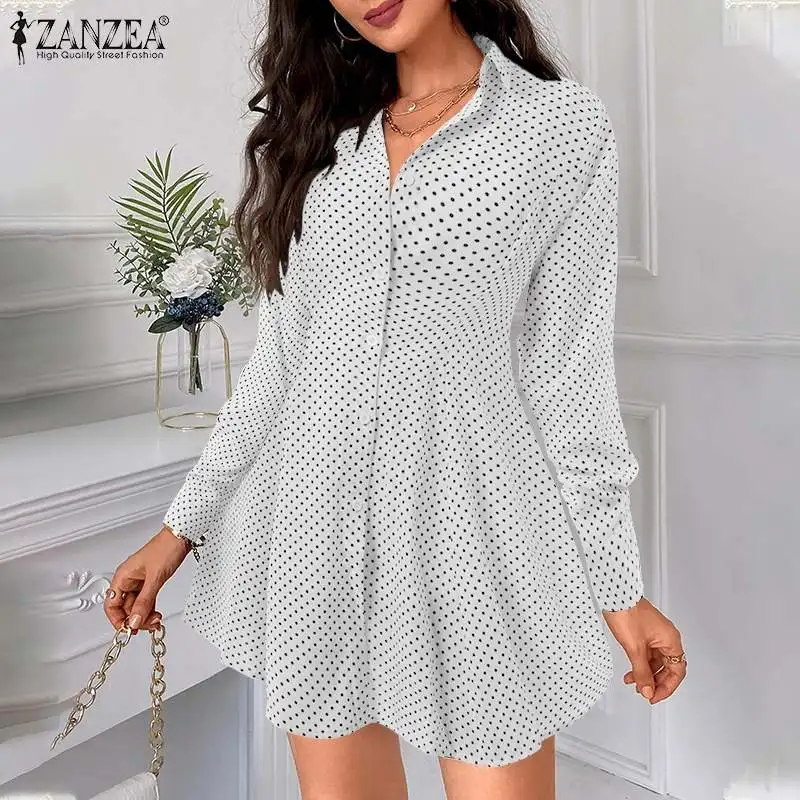 

Женское вечернее платье с принтом в горошек, модное офисное мини-платье с длинным рукавом ZANZEA 2022, весеннее Повседневное платье большого раз...