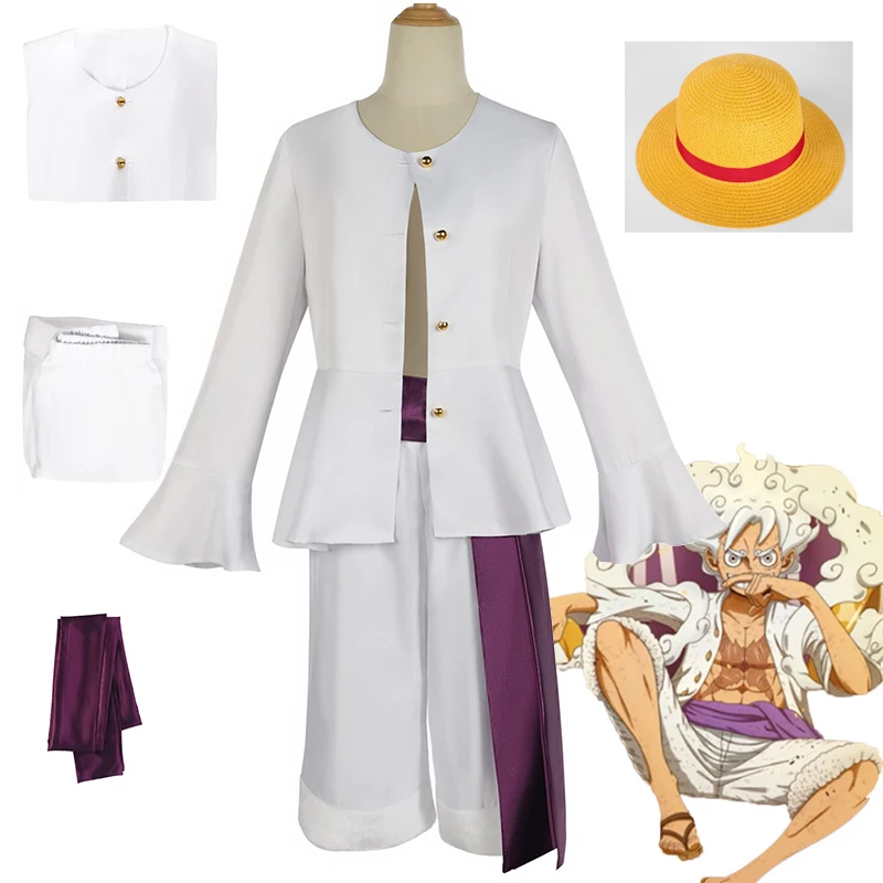 

Anime Monkey D.Luffy Cosplay Costume Luffy gear 5 Cosplay White Suit Yellow Straw Hat Halloween Costumes for Adult and Childeren