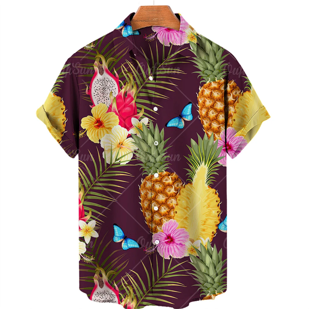 Hawaiian Shirt Men's Fruit Print Short Sleeve Pineapple Top Fashion Streetwear Summer Loose Shirt