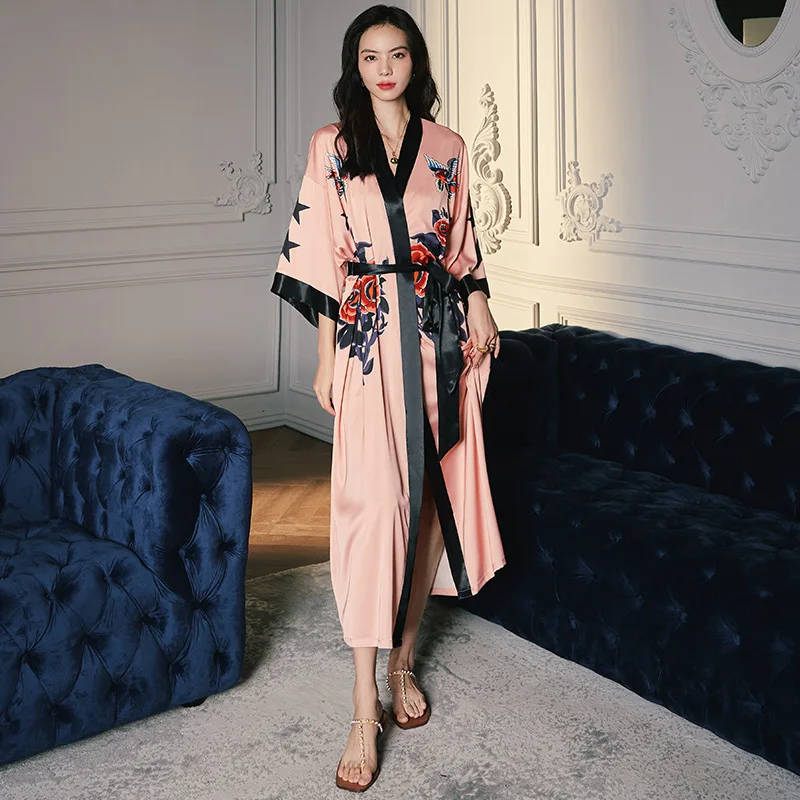 

Халат-кимоно длинная одежда для сна большого размера пикантная ночная рубашка свободного кроя женская ночная рубашка весенний банный халат атласная домашняя летняя ночная рубашка