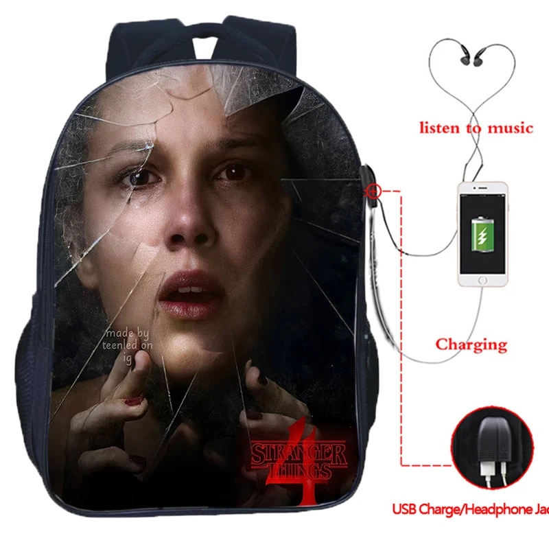 

Movies Stranger Things 4 Schoolbag Students Boys Girls USB Charging Backpack Teenager Bookbag 16 Inch Travel Bag Daypack Mochila