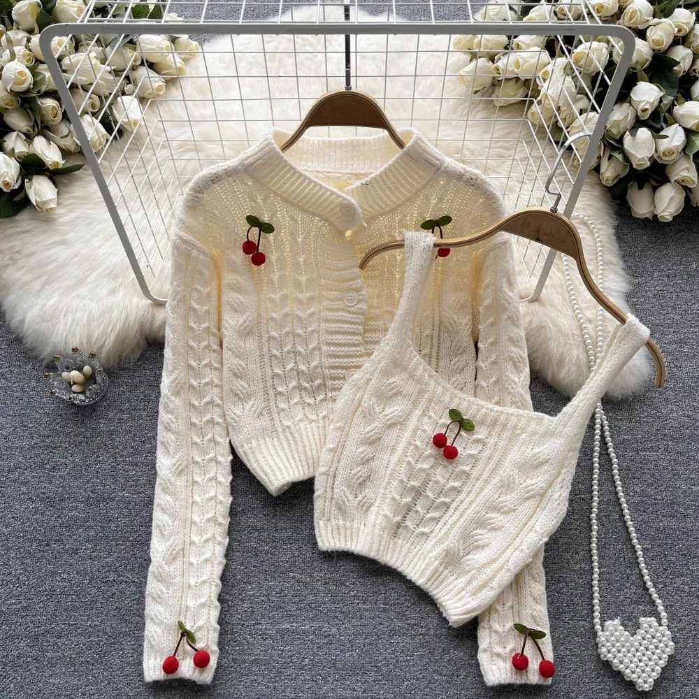 

Ladies Autumn Two Piece Suit Long Sleeve Knit Sweater Cardigan Coat Camisole