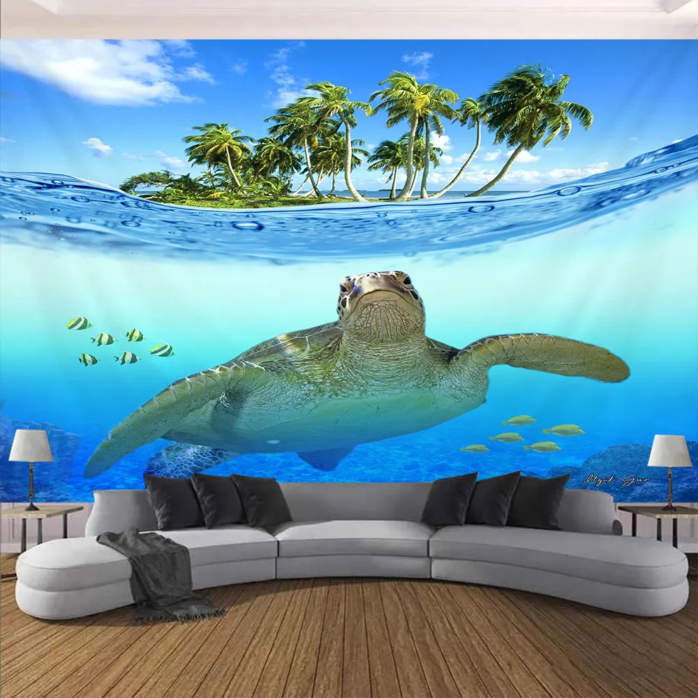 

Underwater World 3D Tapestry Wall Hanging Animal Dolphin Turtle Coral Tapestry Polyester Cloth Room Decorn Wall Decor Bedroom