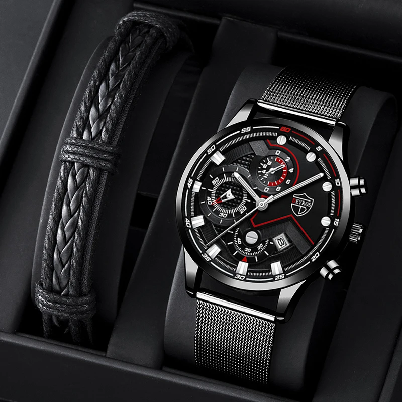 

Fashion Mens Sports Watches Luxury Stainless Steel Mesh Belt Men Quartz Wristwatch Male Casual Leather Bracelets Calendar Clock