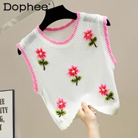 top femme 2022 new contrast color sweet flowers round neck pullover sleeveless thin slim fit all matching short knitted tank