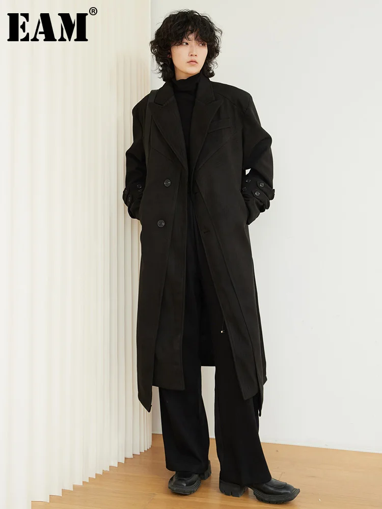

[EAM] Loose Fit Casual Black Bigf Size Woolen Coat Parkas New Lapel Long Sleeve Women Fashion Tide Autumn Winter 2023 1DF4183