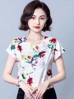 fashion woman t shirts o neck print silk tshirt basic crop top short blouse tops vintage tee floral 2022 summer shirts for women