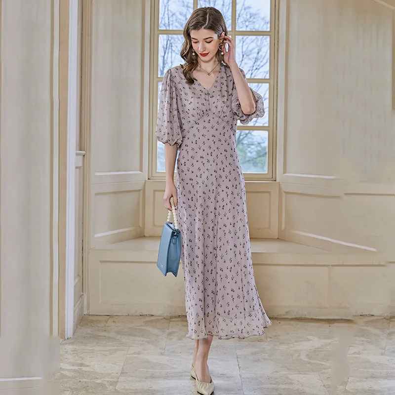 100% Mulberry silk Dress for Women 2023 New Women's French Elegance Temperament V-Neck Puff Sleeve Printing Midi Dress WF2303