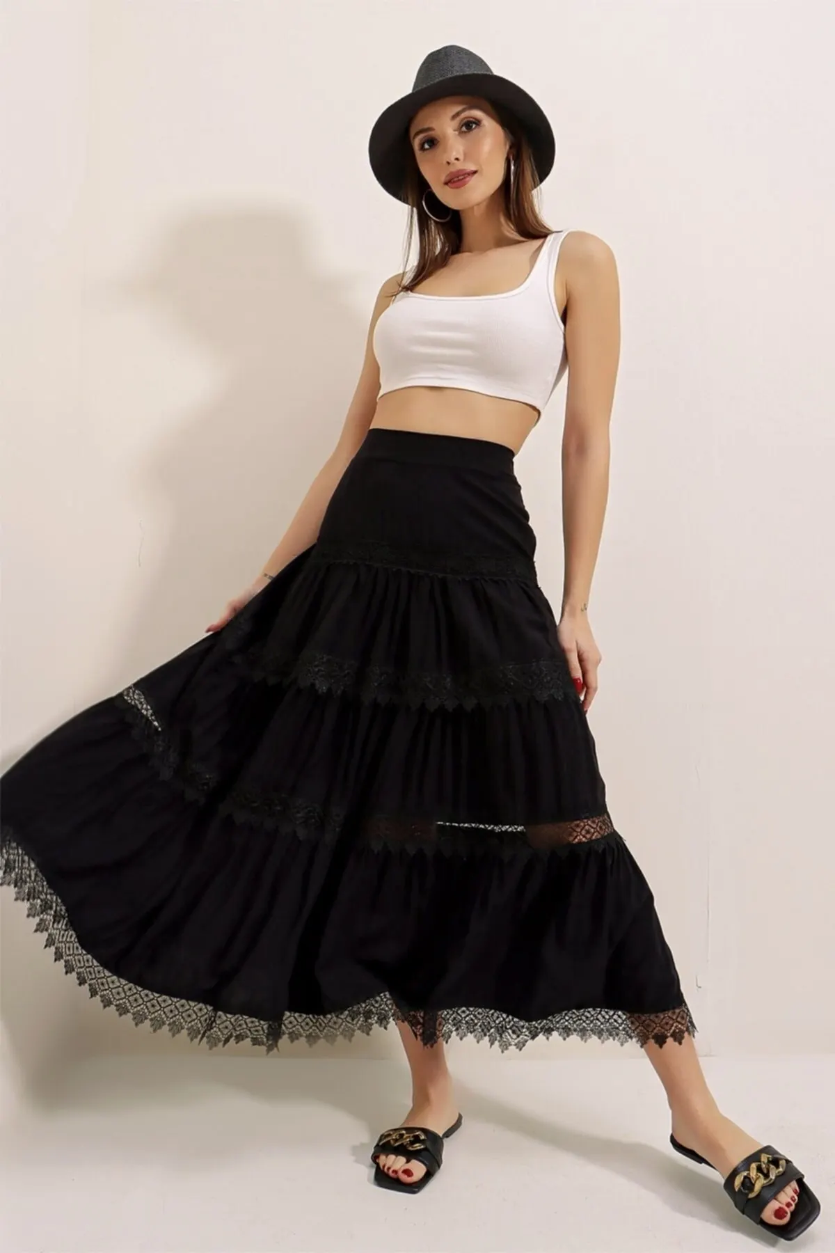 

Women's Skirt Elastic Waist Detailed Lace Skirt Black Summer Fashion Casual Short Sleeve Elegant Skirt