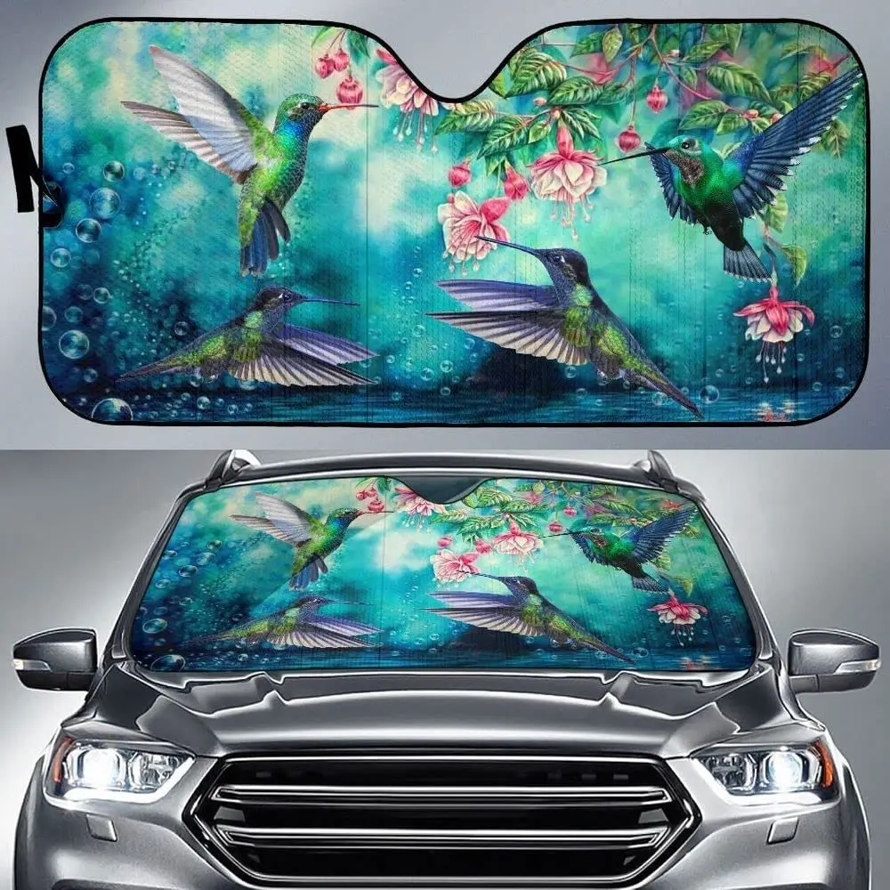 

Hummingbirds Flying Pink Flowers Floral Pattern Car Sunshade Windshield Window, Gift for Hummingbird Car Windshield Auto Visor