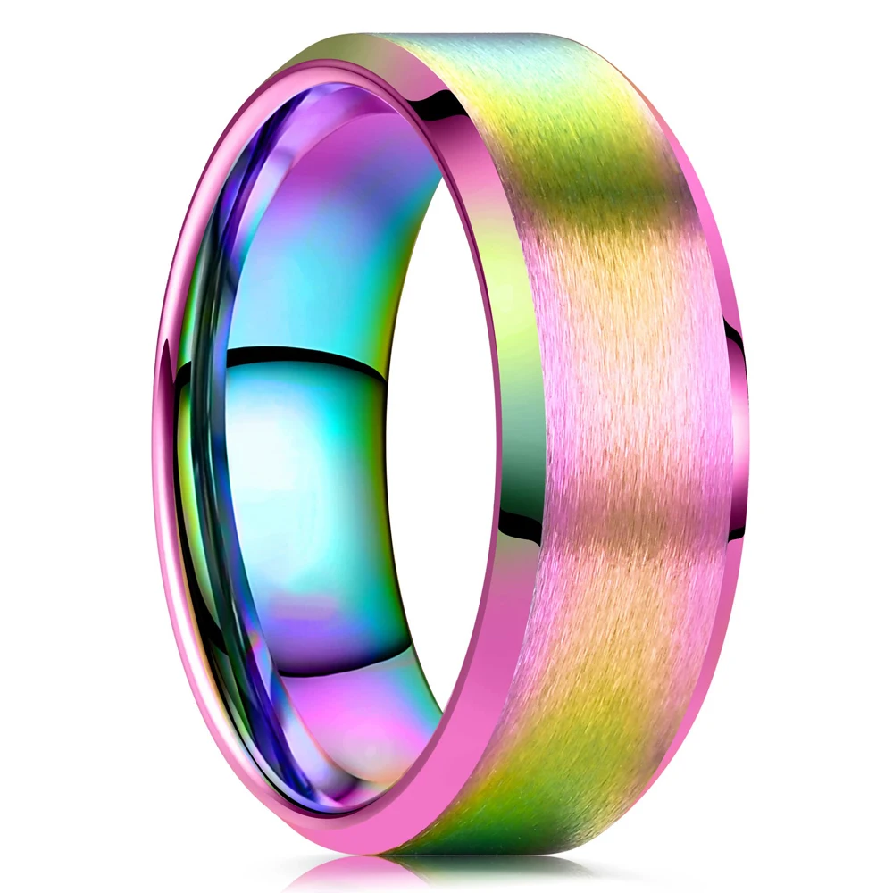 

Simple 8mm Rainbow Stainless Steel Rings For Men Women Colorful Matte Finish Beveled Polished Edge Men Ring Wedding Band Jewelry
