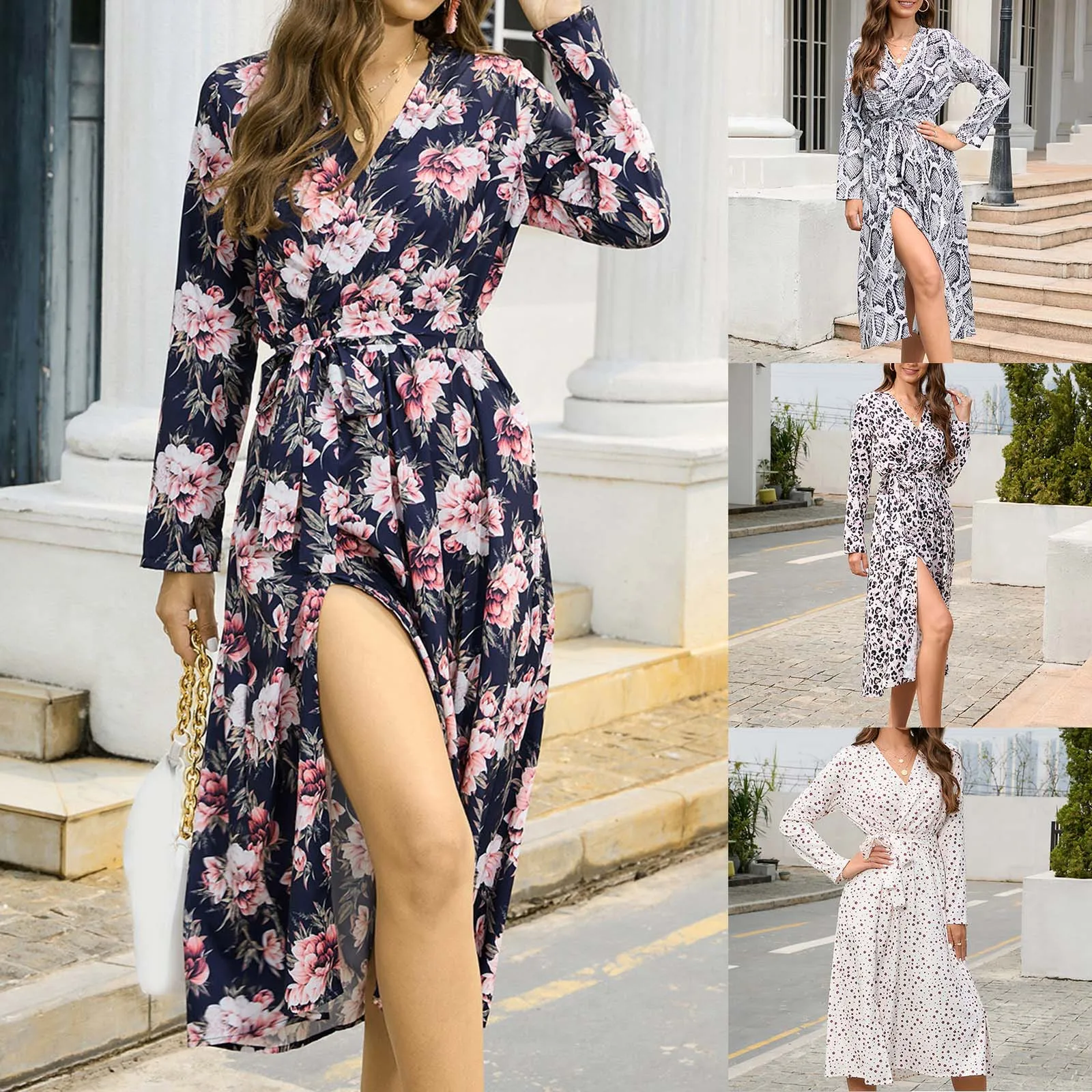 

2023 Elegant Dress Womens Long Sleeve V Neck Dress Printed Slit Waist Tie Loose Casual Dress vestido navidad mujer