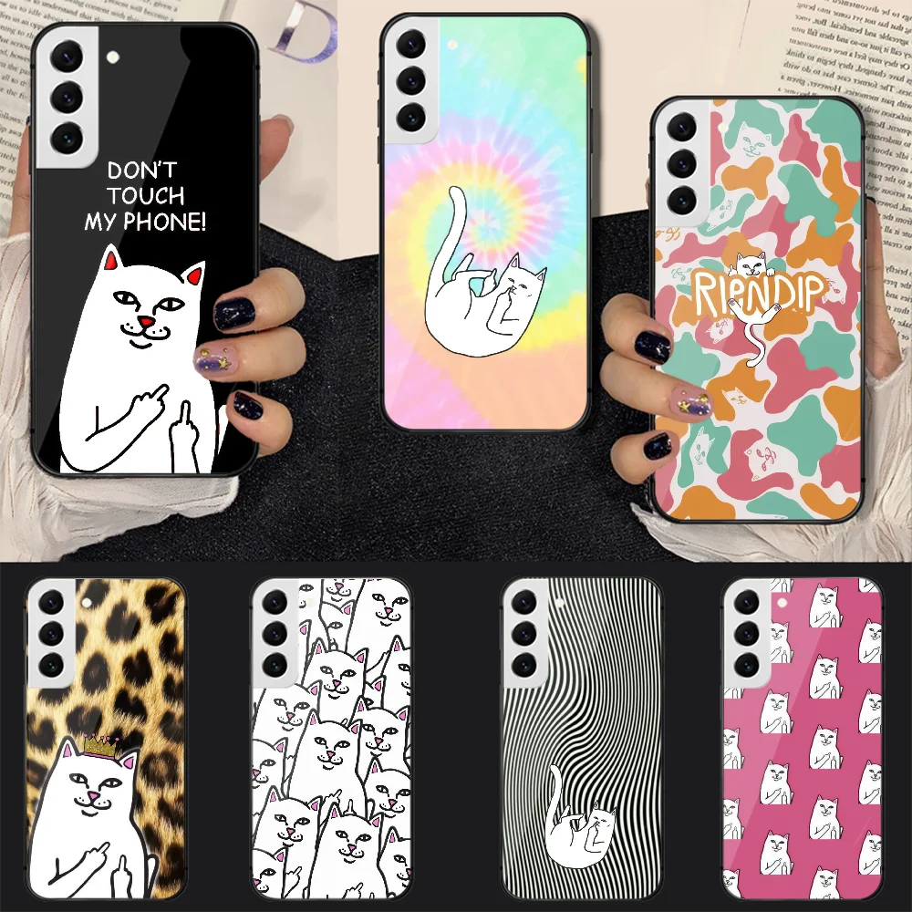 

Cat RIPNDIPS Middle Fingers Tempered Glass Phone Case Cover For Samsung Galaxy A S 9 12 13 20 21 22 32 33 Fe 5G Plus Ultra