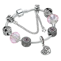 pink crystal tree of life pendant charms bracelet retro silver plated charm bracelet bangle diy making fashion jewelry set