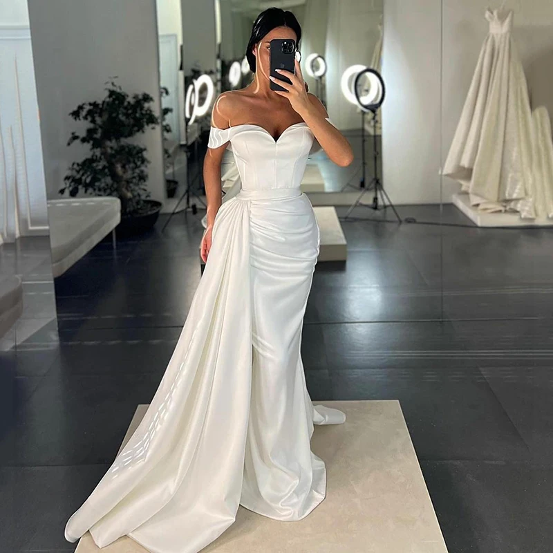 

LORIE Mermaid Wedding Dress Plearls Detachable Train Off The Shoulder Robe De Mariage Bride Dress Side Split Wedding Party Gowns