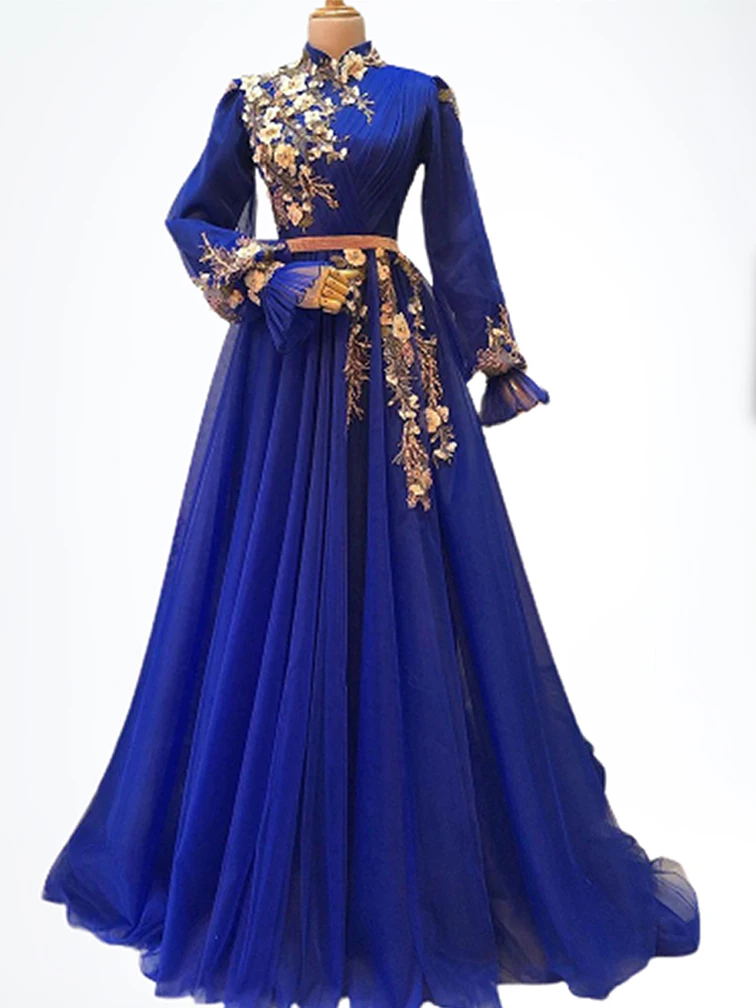 

Синее Африканское кружевное вечернее платье-Русалка с аппликацией, расширяющимся книзу рукавом, высоким воротом и поясом, арабское шифоновое официальное платье для выпускного вечера и вечеринки, 2023 пуговицы