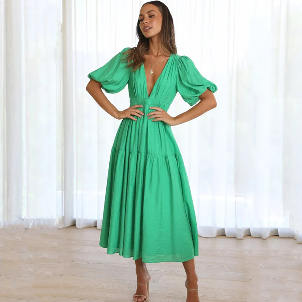 

Green Elegant Fashion Deep V-neck Dresses For Summer Women Dress 2023 New Skinny Short Puff Sleeve Solid Midi Dress For Female
