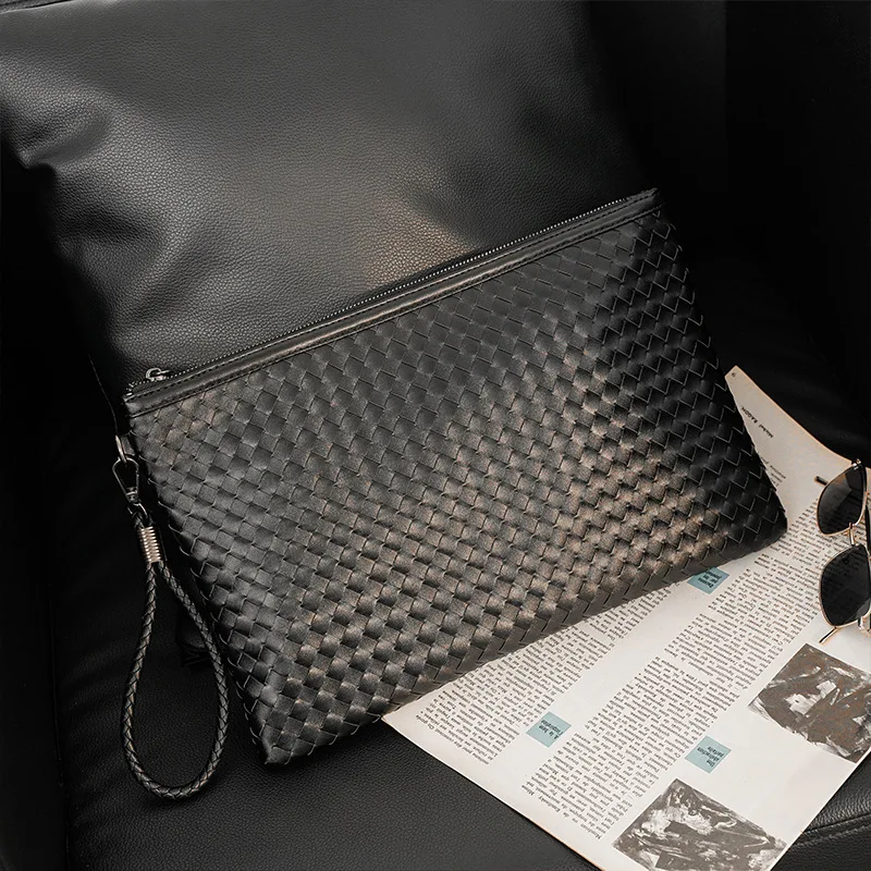 Men's Fashion Clutch Cowhide Woven Large Plaid Luxury Brand Design High Quality Leather Business Paper Bag