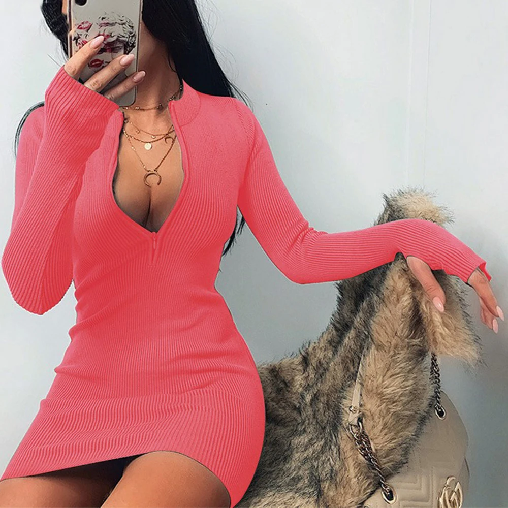 

Fashion Sexy Women Bodycon Ribbed Dress Autumn Stand Collar Zipper Deep V-neck Solid Bodycon Pencil Party Mini Vestido Plus Size