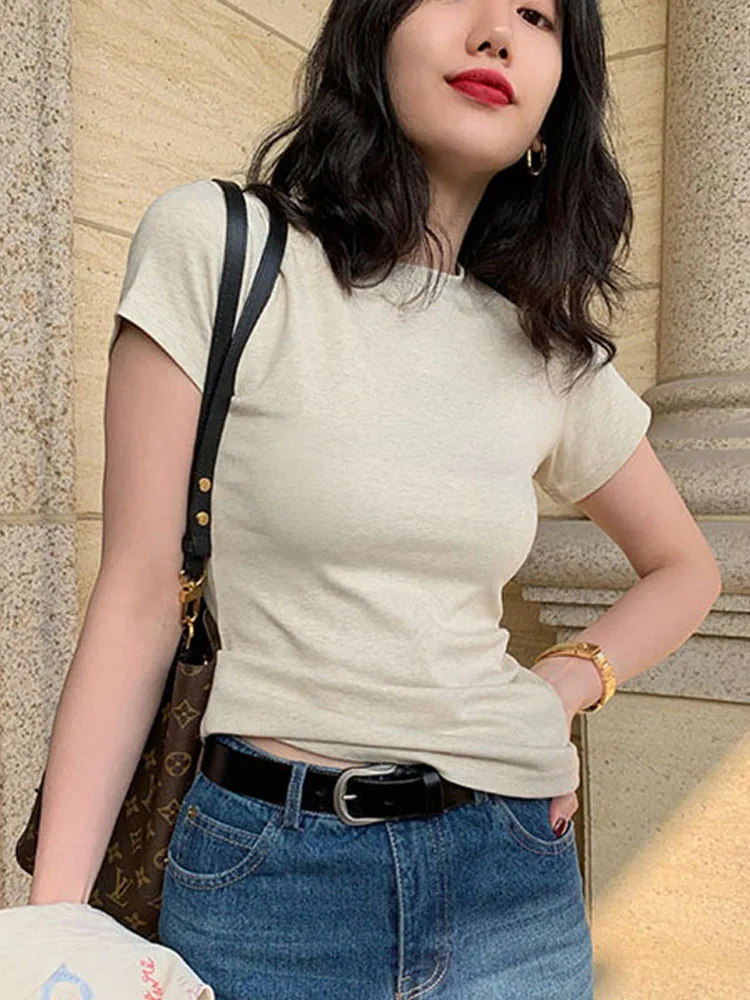 Однотонные базовые футболки с коротким рукавом женские повседневные летние