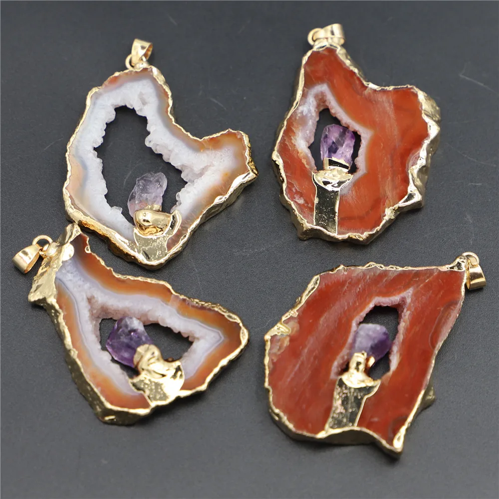 

4PCS New Natural Amethysts Stone Geode Brown Agates Slice Druzy Pendants Inlaid Point Irregular Shape Elegant Quartzs Jewelry