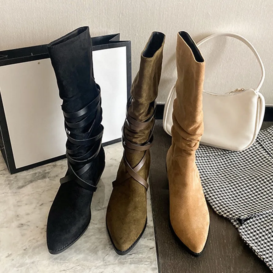 

Withered Autumn American Retro Mid-tube Boots Western Cowboy Boots With Increased Suede Leather Pointed Toe Knight Boots Women