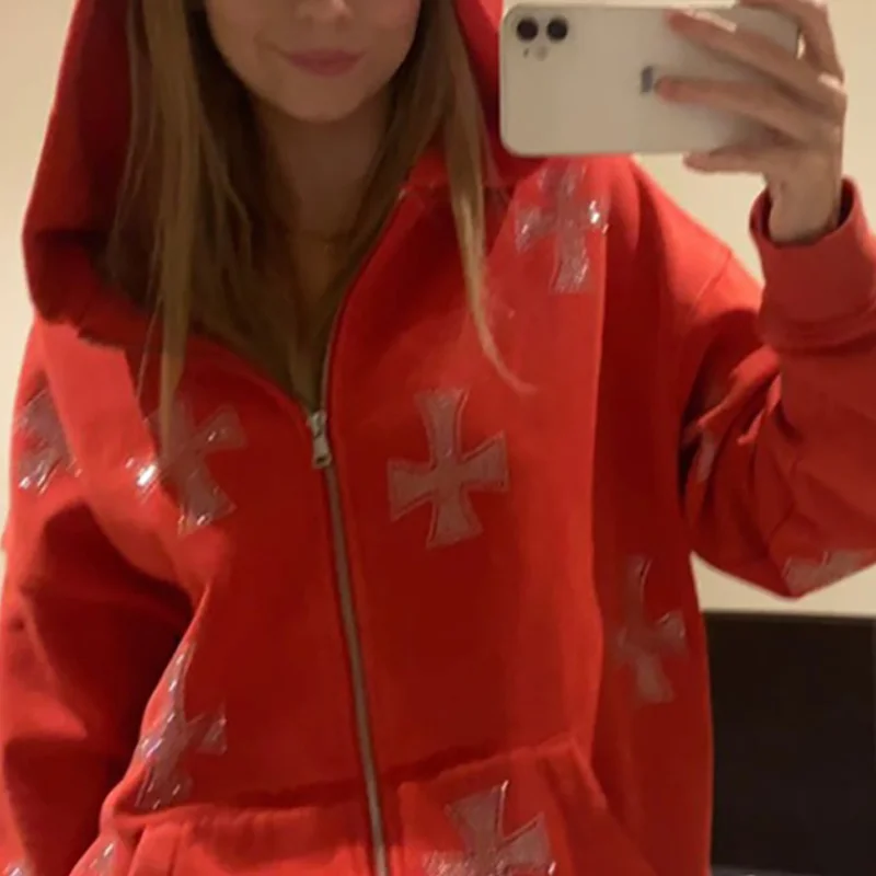 

Vintage rhinestone graphics Oversized Zip Up Hoodie Y2K Women's clothes Sweatshirt Punk E-girl Harajuku Sleeve Outerwear Tops