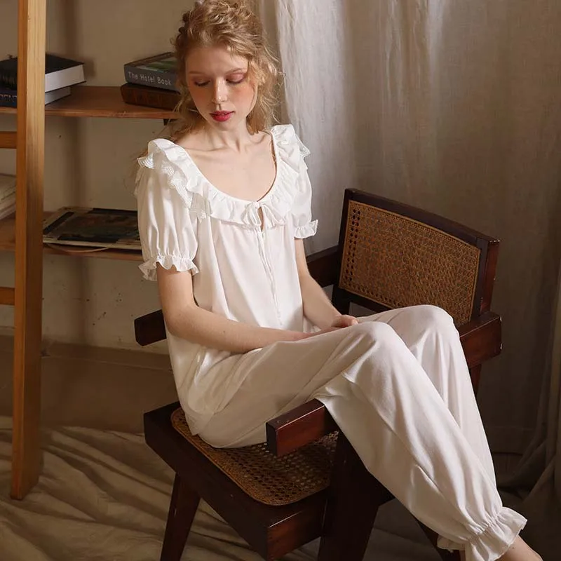 Roseheart Summer White Women Sleep Pajama Sets Sleepwear Suits Cotton Nightwear O Neck Plus Size 2 Piece Nightgown Pants