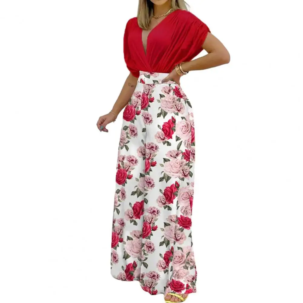 

Women Tops Pants Set Stylish Women's 2pcs Casual Outfit V-neck Pleated Tops High Waist Wide Leg Floral Pants Set for Any