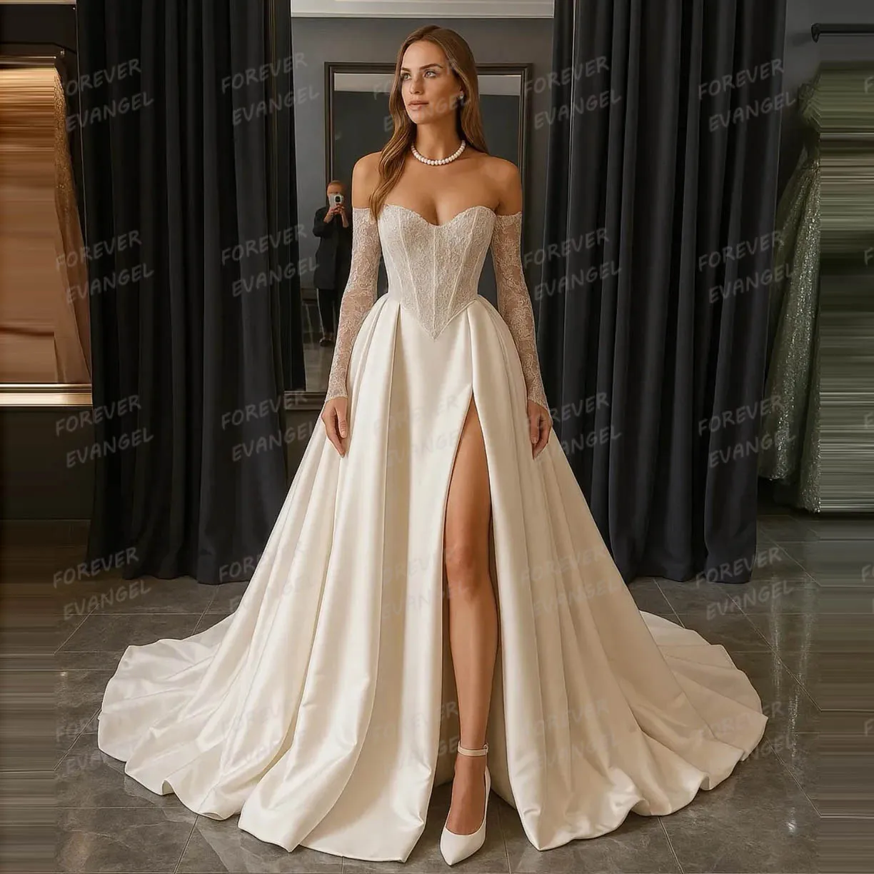 Фото Элегантные свадебные платья 2026 A Line Woman Sexy Sweetheart Bride Gowns с длинным рукавом и разрезом по бокам, атласные платья Vestidos De Noche по индивидуальному заказу №1