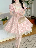 houzhou pink floral dress women sweet cute bow mesh patchwork fairy dresses princess 2022 summer kawaii elegant streetwear