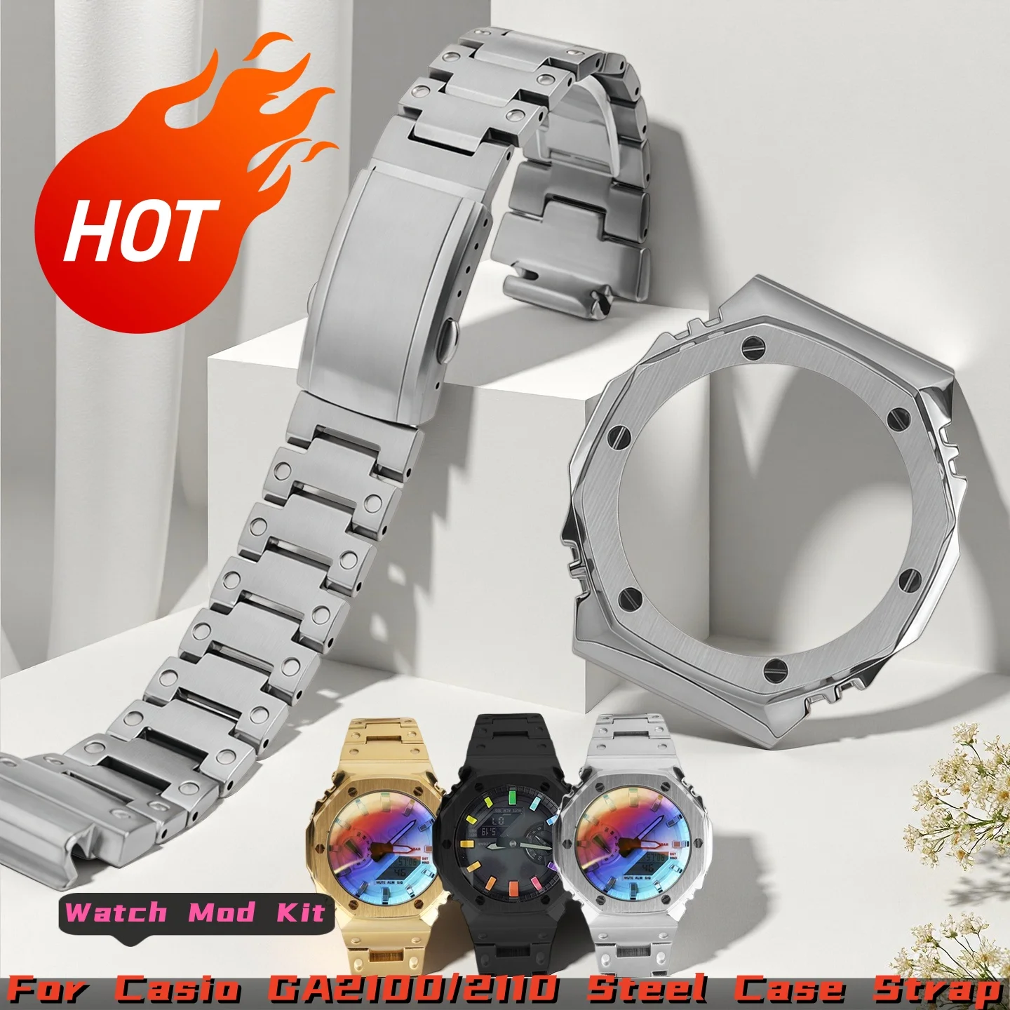 Фото Комплект для модификации GA2100 из нержавеющей стали для CASIO GA-2100 2110 B2100 Casioak, металлический браслет, водонепроницаемый ремешок и корпус для часов, мужской. №1