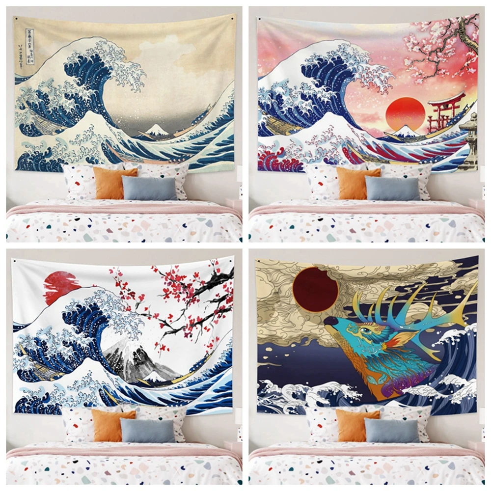 

Mount Fuji Japan Tapestry Wall Hanging The Great Wave Japanese Ocean Wave Wall Decoration Cherry Blossom Tree Sunset Tapestries