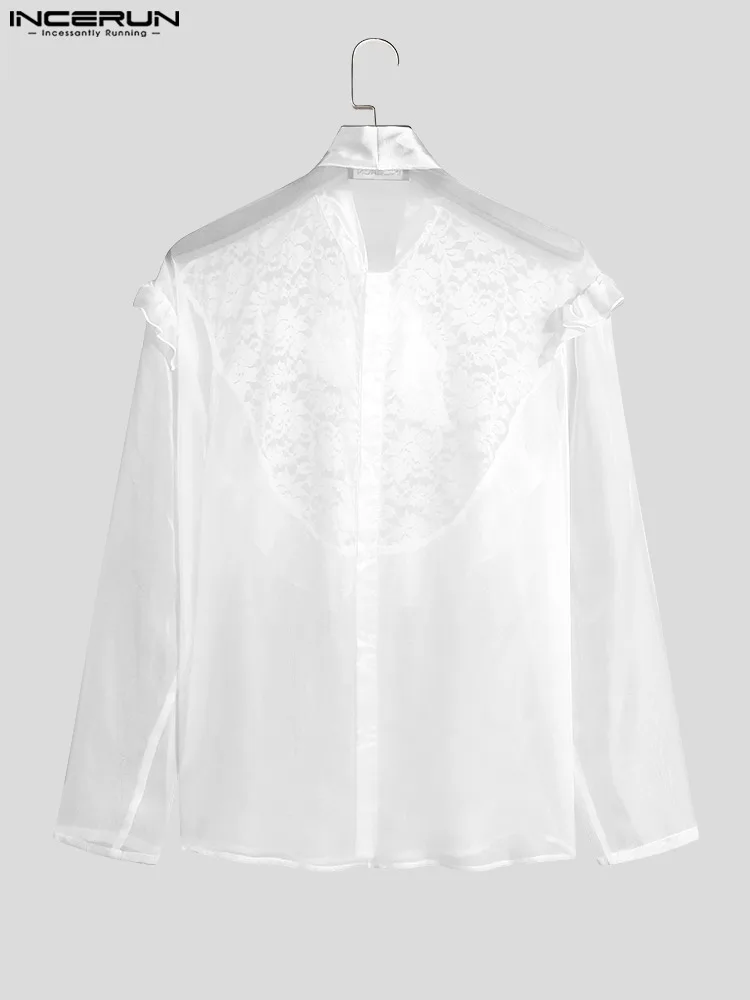 INCERUN Tops 2022 American Style Men's Transparent Stitching  Blouse Casual All-match Ruffled Lace-up Long-sleeved Shirts S-5XL