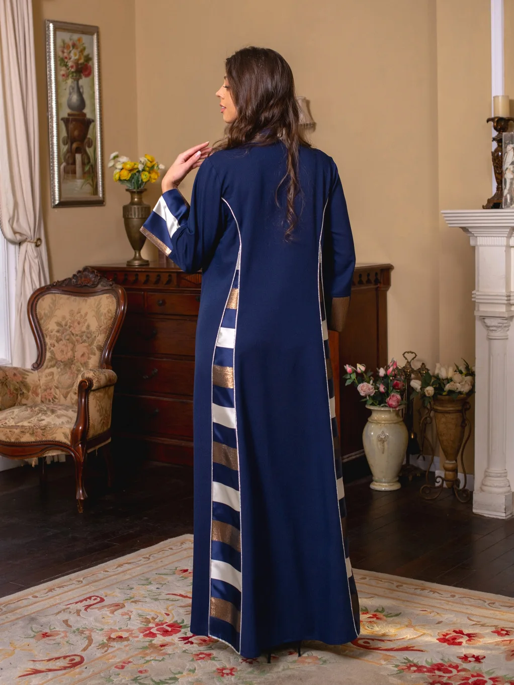 New Middle Eastern Women's Dress Beaded Embroidered Panels Print Striped Robe Abaya Muslim Maxi Dress Evening Dresses