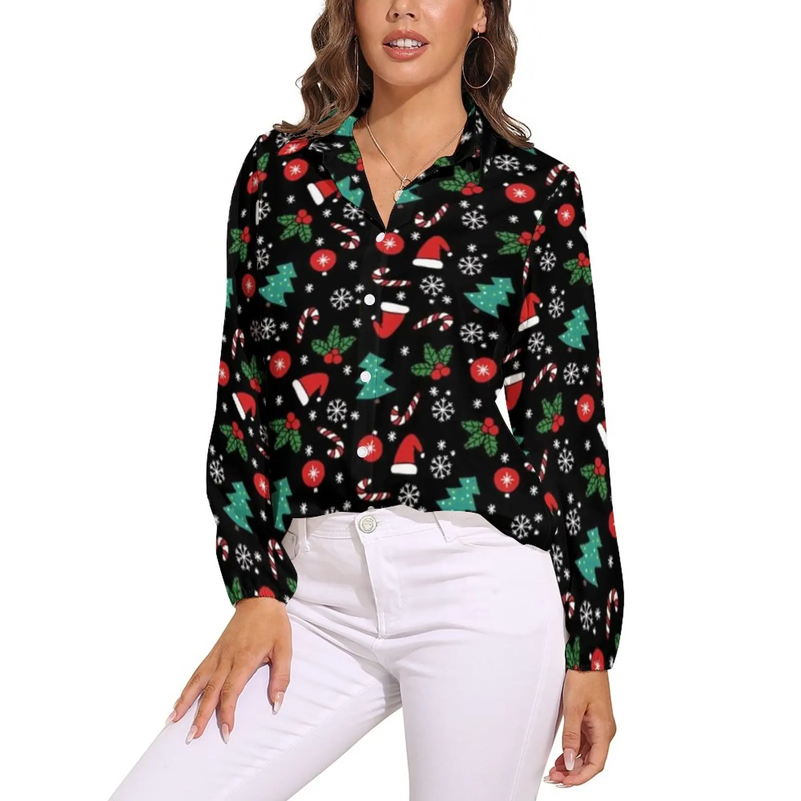 

Christmas Blouse Tree V Neck Female Retro Shirt Office Fashion Top Shirts