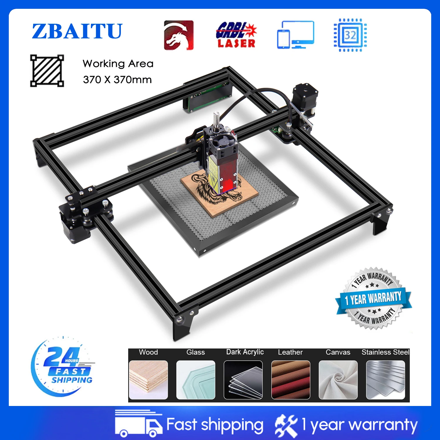 ZBAITU Laser Cutting Engraver 80W Diode Wood Metal Marking Engraving Cutter CNC 32-Bit Wifi 37X37cm Milling Woodworking Machine
