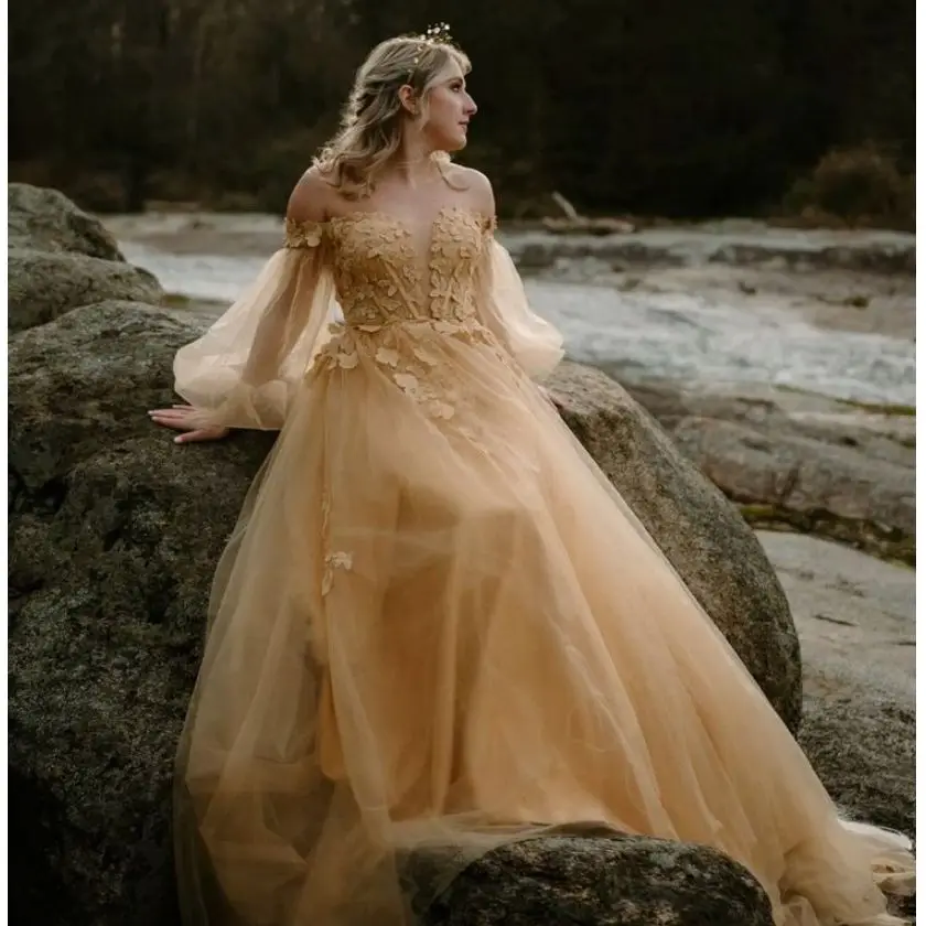 

Light Yellow Prom Dress Lace Appliques V-Back Sweetheart Neck Maxi Gown Full Sleeves Off Shoulder Robe De Mariée Pageant Party