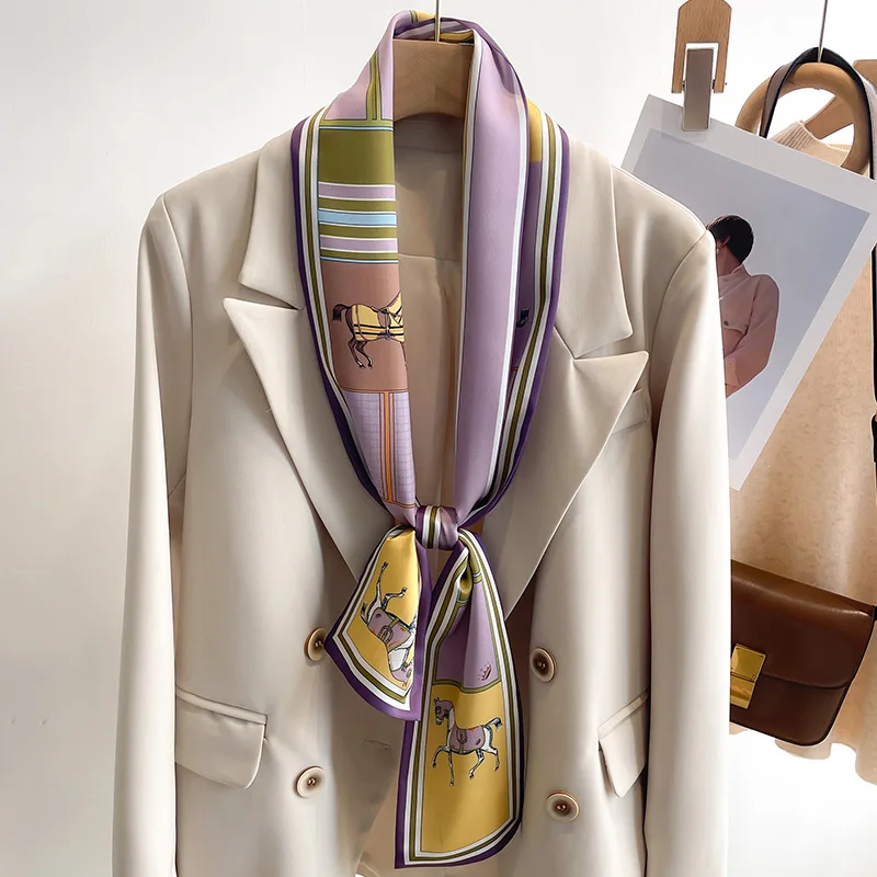 Роскошный дизайнерский шелковый шарф с принтом из тонкой ленты 2024 Женский мягкий