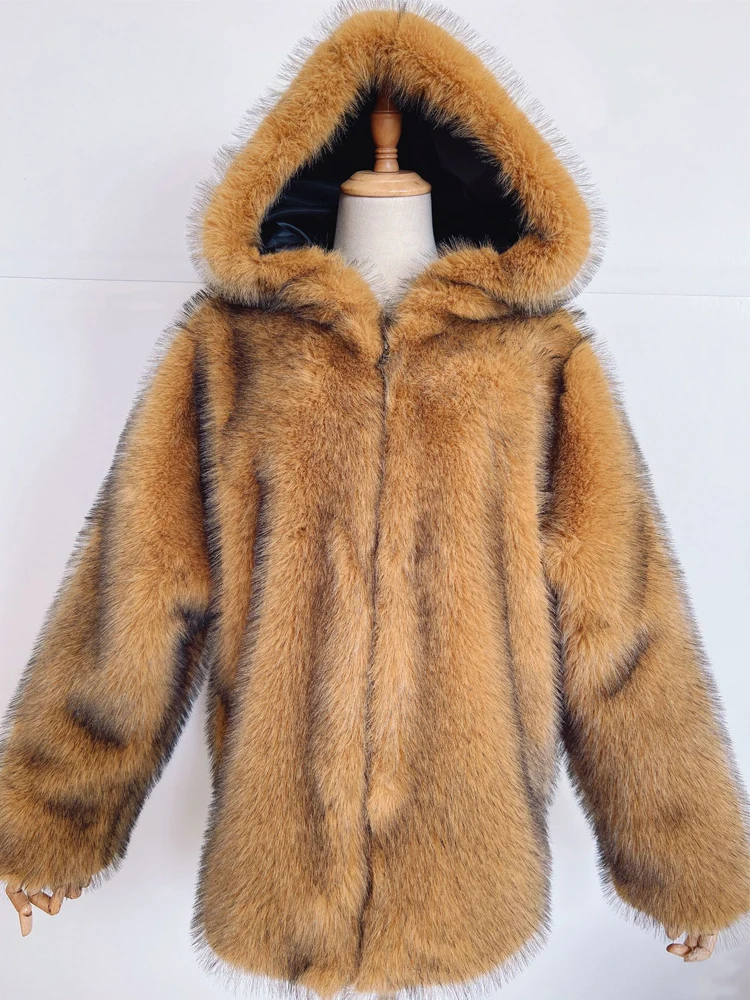 Winter Long Faux Fur Warm Coat Long Sleeve Coat Fox Fur Faux Fur Coat Women's Long Zip Hooded Fluffy Jacket